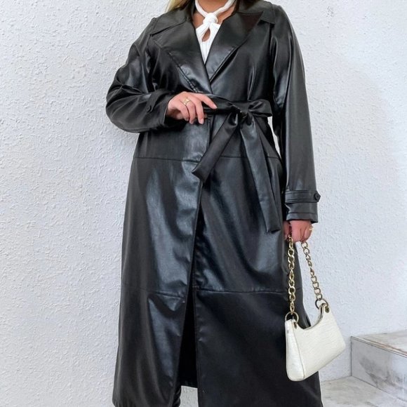 PLUS SIZE BLACK PU LEATHER COLLAR BELTED TRENCH COAT - Picture 6 of 7